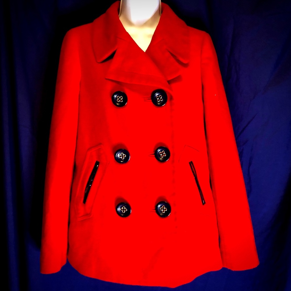 Anne Klein Cardinal Red Double Breasted Jacket With Leather Trim, Size S